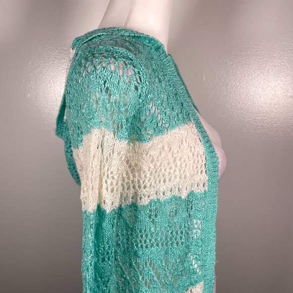 Heart N Crush Mint Green Ivory Hooded Open Weave 3/4 Sleeve Cardigan Sweater S - Picture 12 of 14